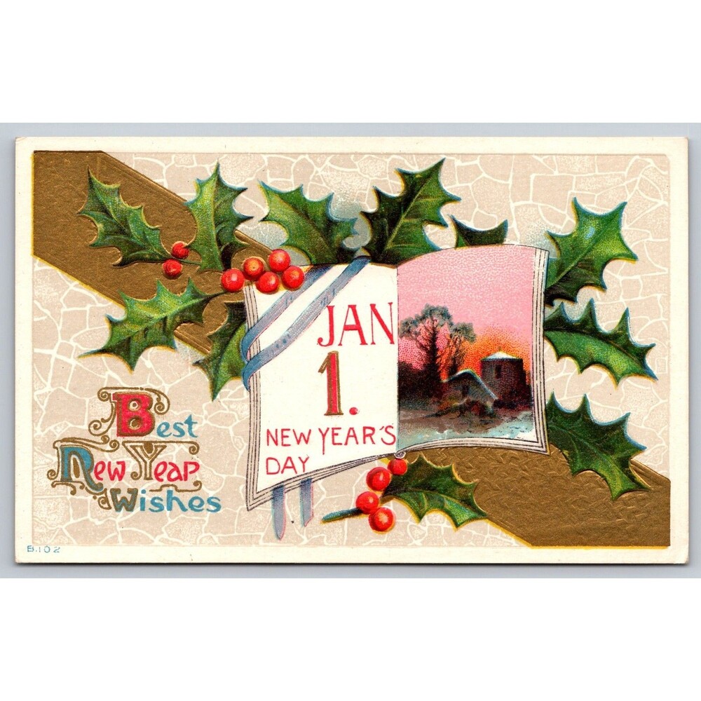 Antique New Year Postcard Embossed Holly Open Book Landscape 1910s Divided Back